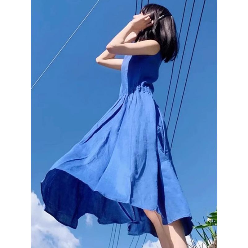 New small sleeveless dress summer women's seaside vacation blue long dress suspender skirt