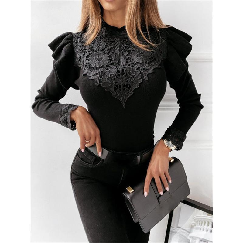 Women's New Autumn and Winter Long-sleeved Round Neck Lace Decoration Solid Colour Bottoming Shirt