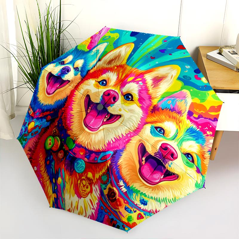 Colorful Husky pattern, automatic folding umbrella, portable and foldable design, 8 ribs, a Christmas or birthday gift.