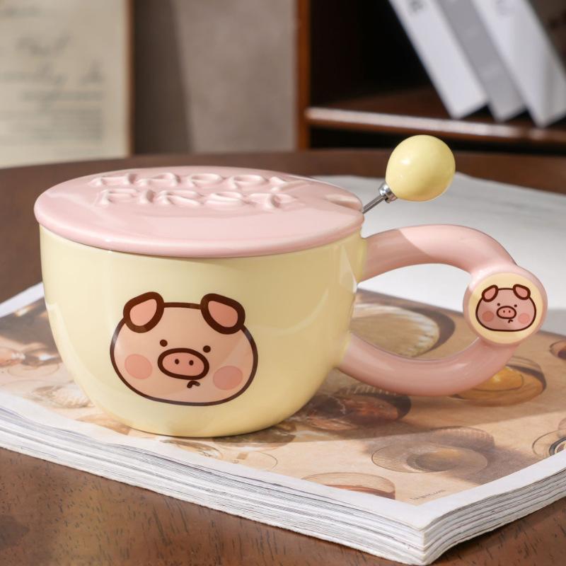 Runde Tier-Frühstückstasse mit Deckel Löffel Keramik Paar Heimtasse Super Süße Wassertasse Kreativer Becher