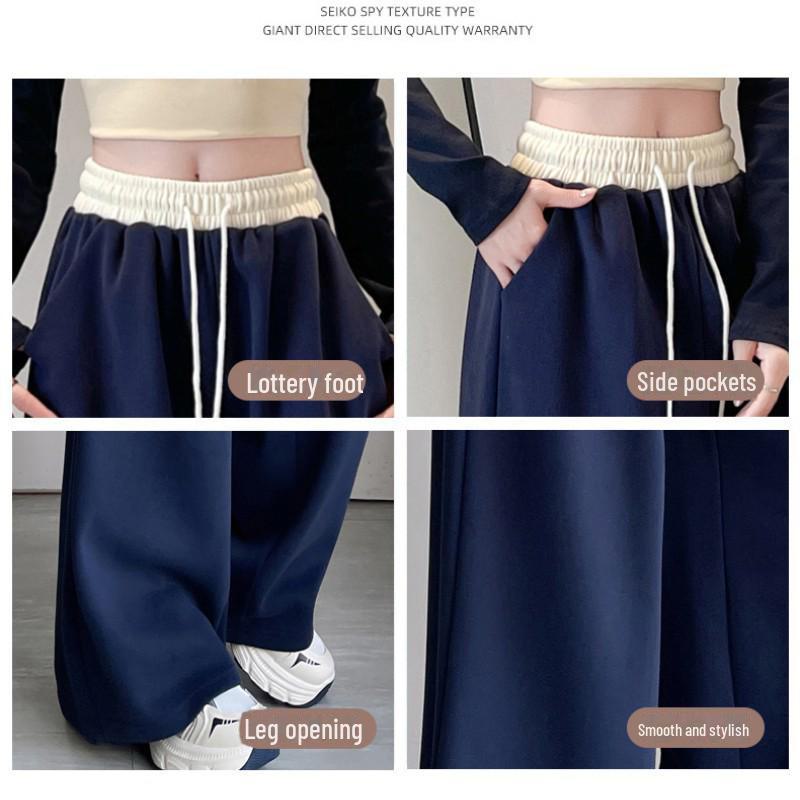 Women's High-Waist Navy Blue Drawstring Wide-Leg Sweatpants - American Style, Contrast Color, Autumn Casual Wear