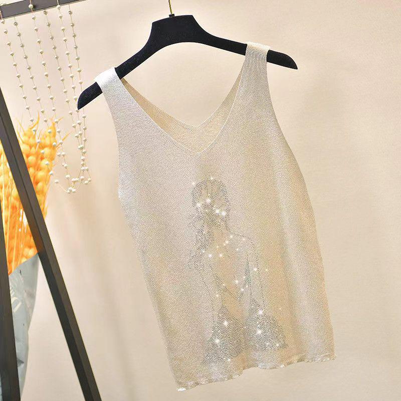 2023 Shiny Silk Sleeveless V-Neck Women's Vest - Spring/Summer New Style, Loose Fit with Hot Diamond Sling Knitted Design