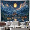 Mondlicht Schloss Bergdorf See Wandteppich Maschinenwaschbar Ganzjahresdeko Kunstdruck Fantasielandschaft Design Zuhause