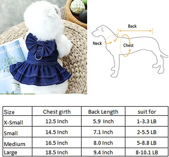 Dog Denim Dresses for Small Medium Dogs Puppy Girl Clothes with Leash Ring Cute Bow Knot Cat Apparel with D-Ring Harness Skirt
