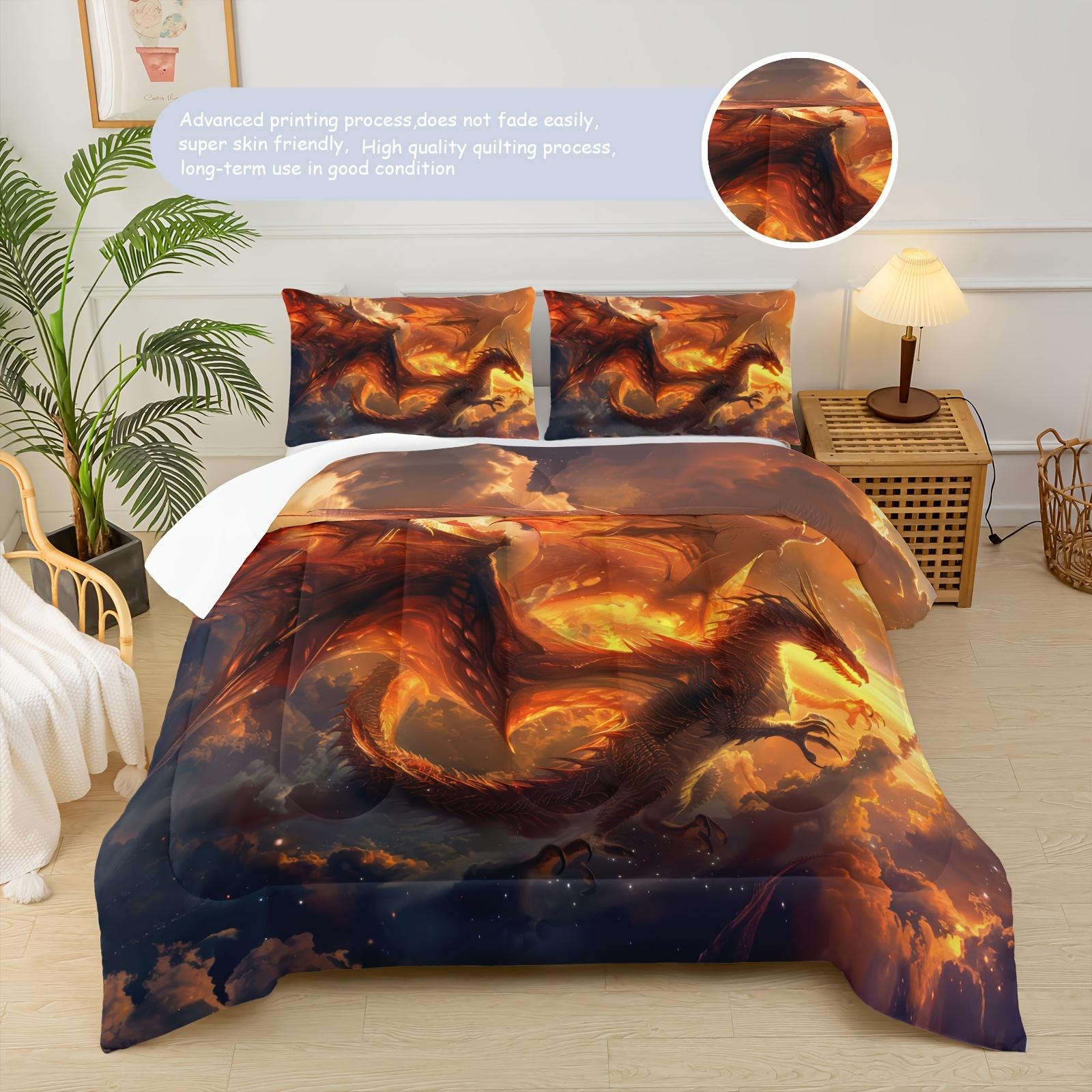 

3pcs Western Dragon Themed Comforter Set Anime Print Bedding Bedroom Decor (1 Bed Comforter + 2 Pillow Cases) Four Seasons US Twin(172x218cm)