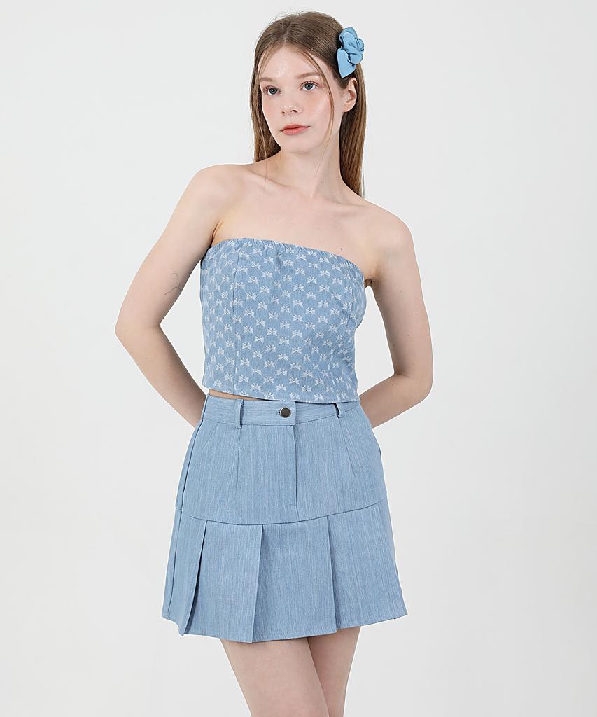 CATTLINE Denim Ribbon Crop Top (Light Blue)