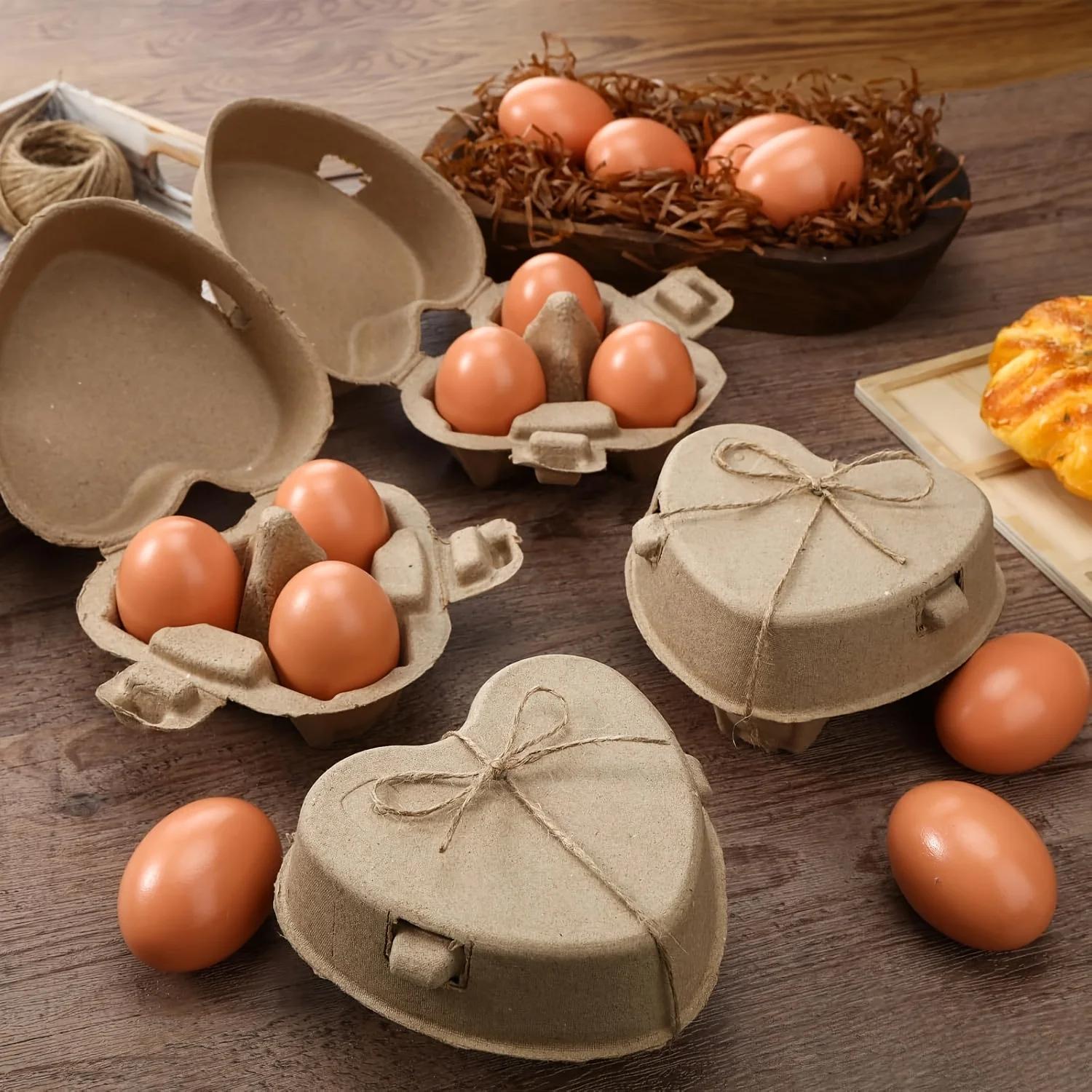 Rustic Wooden Heart-Shaped Egg Cartons with Jute Twine, Reusable 3-Egg Paper Pulp Baskets for Backyard Chicken Storage