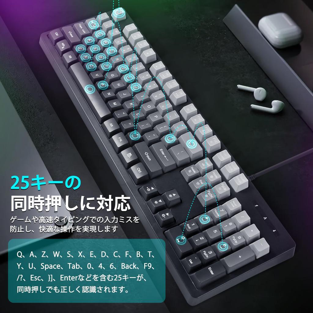 HUO JI Wired Gaming Keyboard with Numeric Keypad, Mechanical-Style Design, Rainbow LED Backlight, Waterproof Design, Ergonomic Floating Keys,
