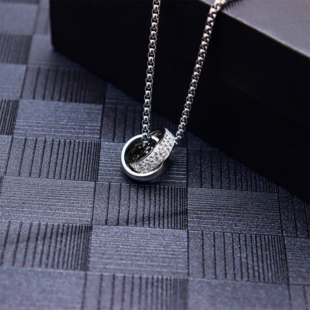Fashion Trendy Men'S And Women'S Double-Ring Diamond-Encrusted Pendant Necklace High-End Trendy Cool Titanium Steel Pearl Chain Jewelry