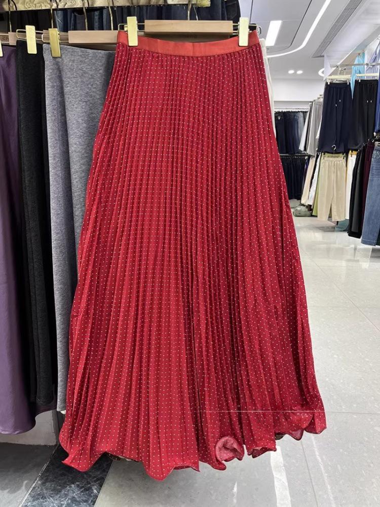 Retro High Waist Polka Dot Pleated Long Skirt with Lace Hem - Spring/Summer 2026 Collection