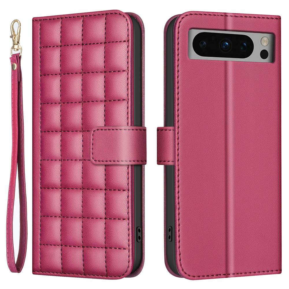 

For Google Pixel 8 Pro Case Leather Phone Cover Square Grid Pattern Red