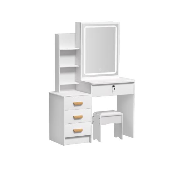 Makeup Vanity Desk with LED Lighted Mirror, Vanity Table with 4 Drawers and Opening Shelves, Bedroom Dressing Table with Stool