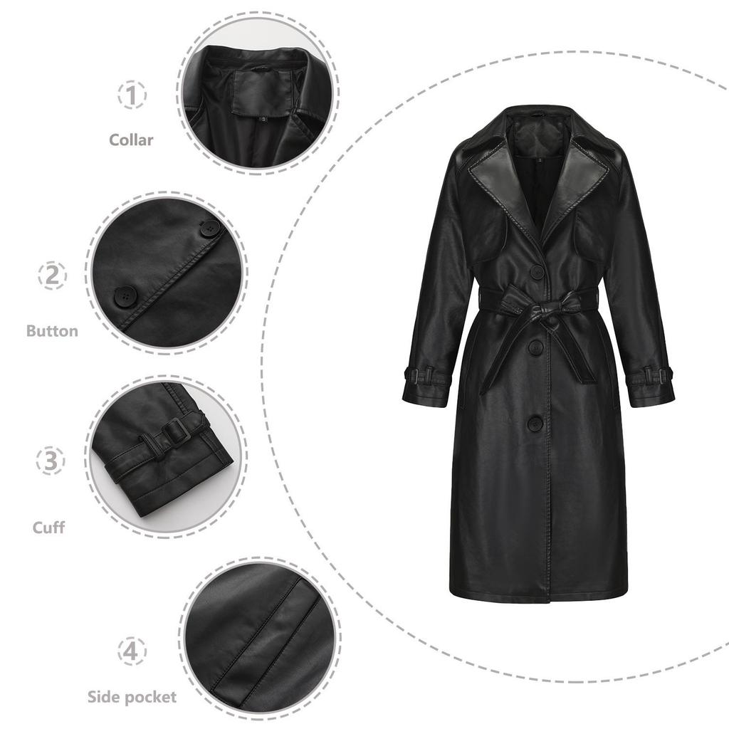Trench da donna Giacca lunga ampia Giacca in pelle Cappotto classico con revers da donna