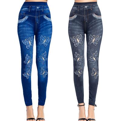 Lady Seamless Imitation Cowboy Color Printing High Waist Skinny Blue Jean Denim Leggings Stretchy Jeggings Pant