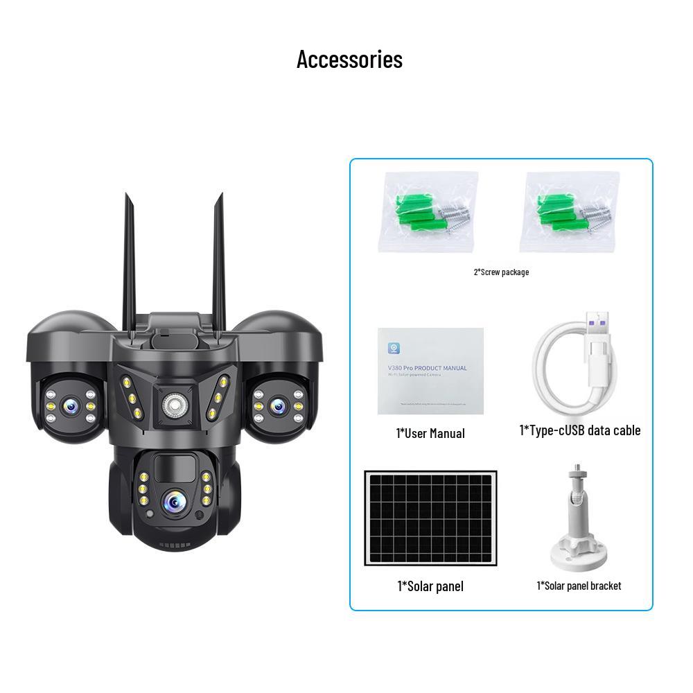 Wireless 360° Solar-Powered PTZ Camera with Triple-Lens and WiFi/4G Connectivity