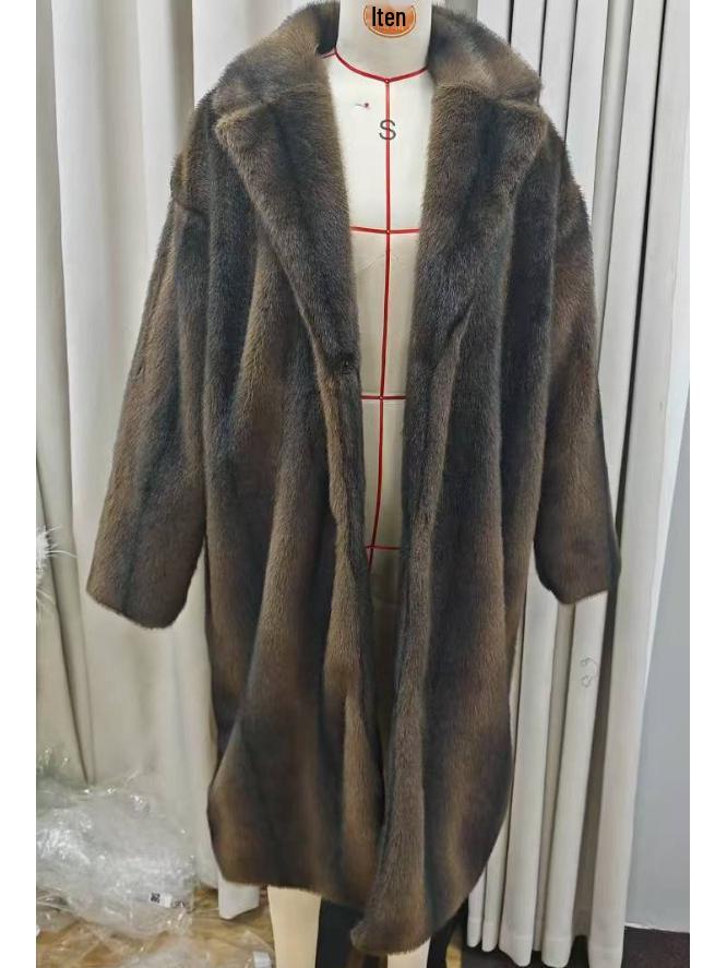 Dark Brown Faux Fur Long Coat - 2024 Winter Collection: Plush, Warm, and Thickened.