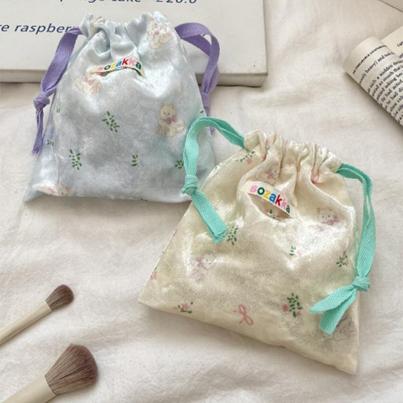Cartoon Floral Bear Drawstring Storage Bag Women Jewelry Lipstick Makeup Bag Coin Purse Multifunctional Travel Packaging Bag