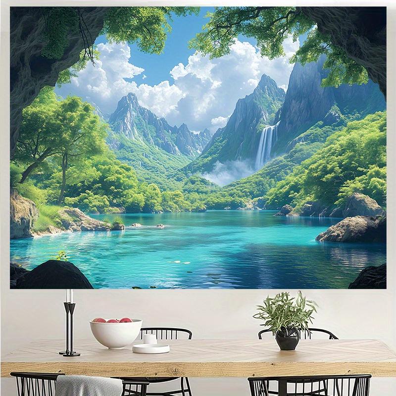 Scenic Mountain Lake Waterfall Tapestry Wall Hanging Boho Home Decor Living Room Bedroom Background Wall Art Blanket