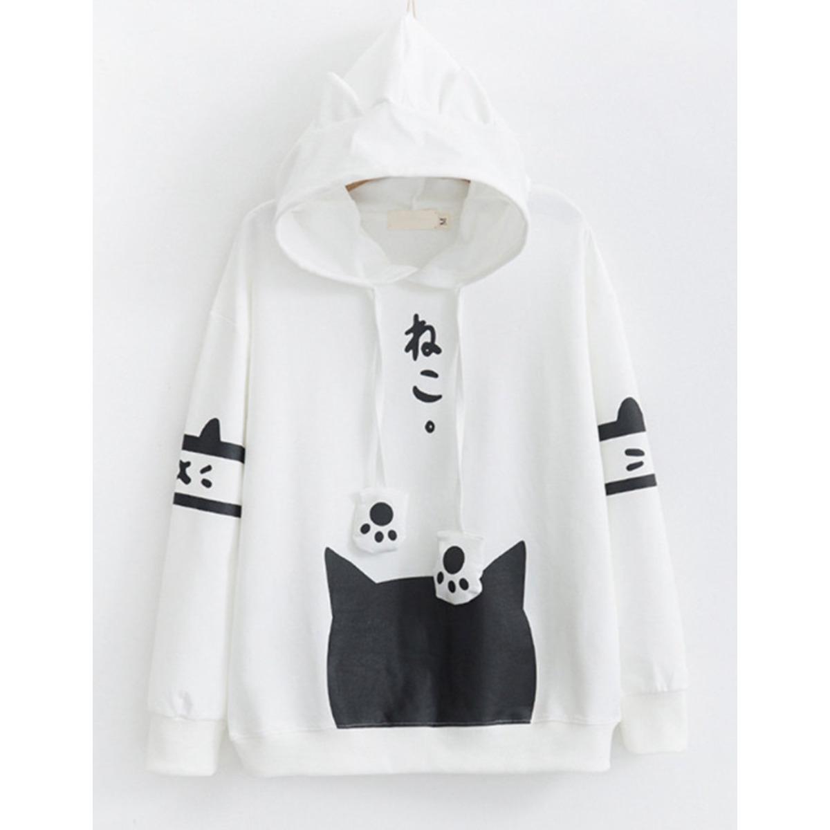 Women s Cat Ear Hoodie Long Sleeve Cute Cat Print Loose Pullover Sweatshirt S белый