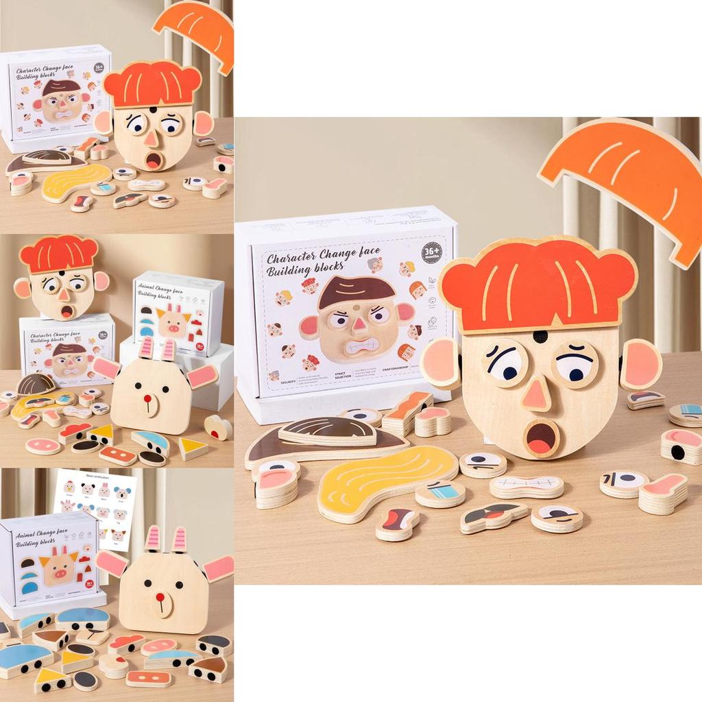 Holz-Tier- und Charakter-Gesichtsausdruck-Puzzle für Kinder, Lern-Gehirnjoggel-Spielzeug