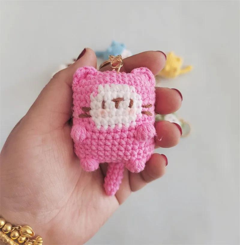 Cute Smiling Cat Doll Crochet Keychains Cartoon Kitten Keyrings For Bag Pendant Knitting Animal Doll Keychain Custom Accessories
