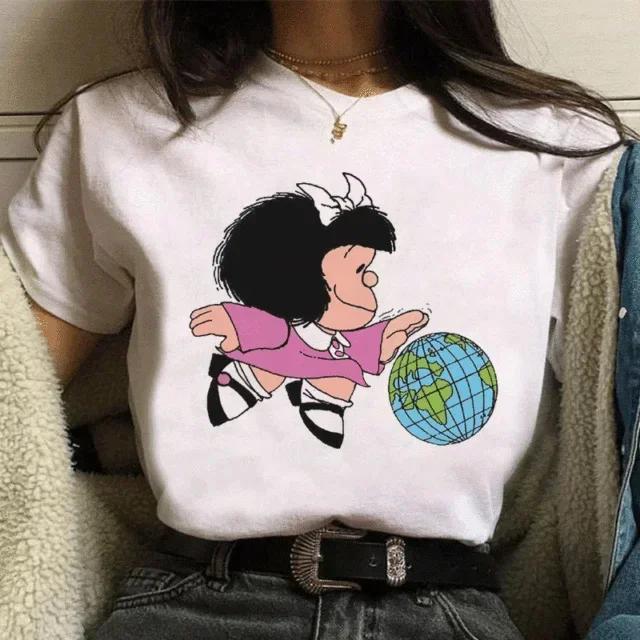 Funny Mafalda Print Women T Shirt Harajuku Ulzzang Kawaii Cartoon Tshirts for Girl Korean Style Casual Tee Top Female  Clothing