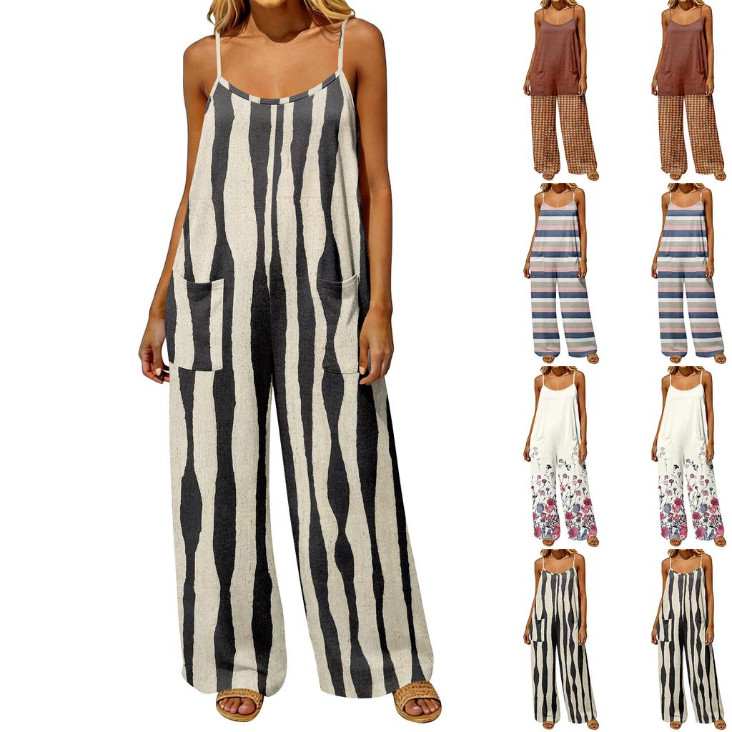 Women Casual Loose Fit Vintage Style Sleeveless Jumpsuit with Adjustable Straps and Pockets Wide Leg Floral Print Romper