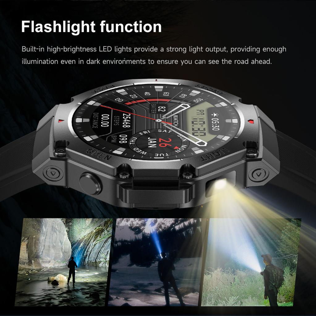 2025 TR3 MAX Men's Outdoor Sports Smart Watch Waterproof Flashlight BT Call Heart Rate Blood Oxygen Sleep Tracker Compass