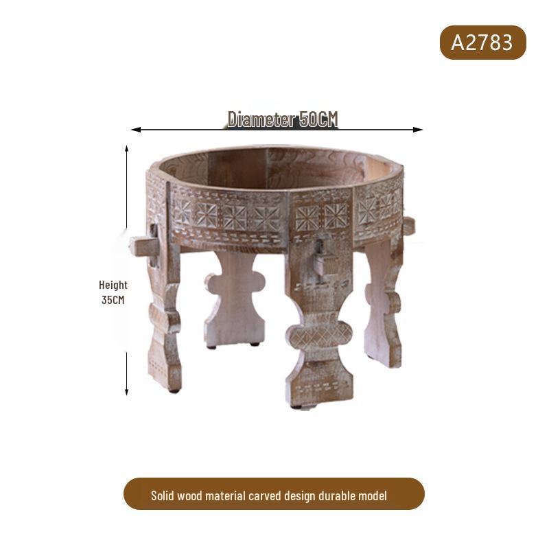 American Retro Round Side Table: Solid Wood Carved Coffee Table for Hotel or Homestay Décor
