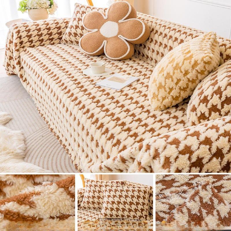 New Winter Lamb Fleece Sofa Cover Cloth Thousand Bird Grid Sofa Napkin Full Cover Lightweight