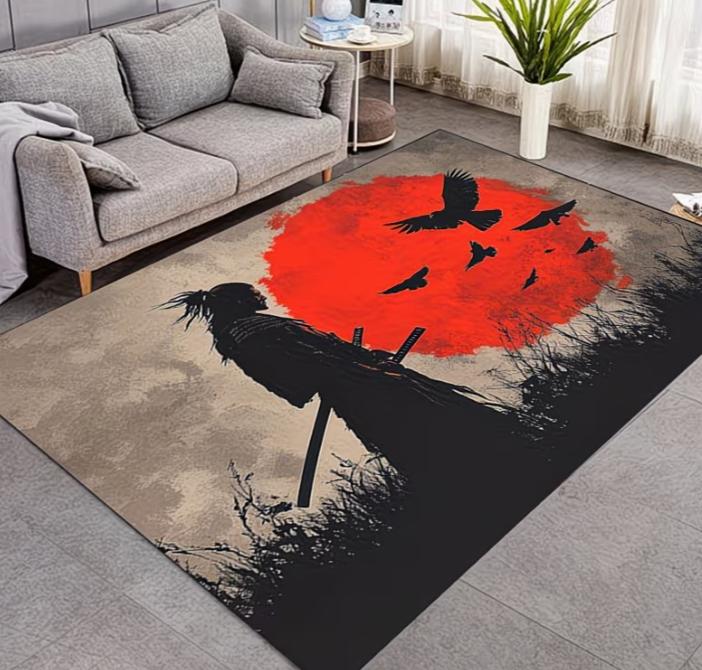 Alfombra de Ola Japonesa Cielo Rojo, Luna, Decoración Zen - Tamaño Personalizado Sala de Estar Dormitorio Decoración del Hogar Alfombra