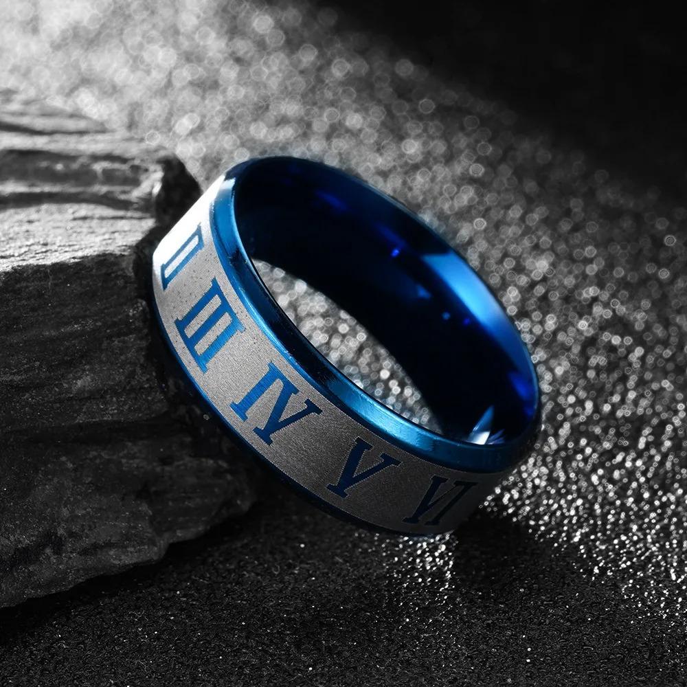 Fashiom Punk Roman Numeral Stainless Steel Chain Rings For Men Inlay Blue Carbon Fibre Celtic Dragon Rings Wedding Band Jewelry