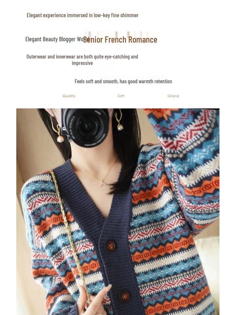 Women's Retro Striped V-Neck Cardigan - Thick Knitted Jacquard Sweater for Spring