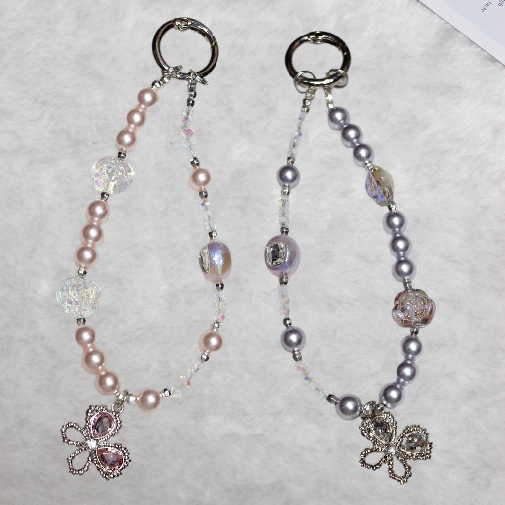 Pearl Beaded Phone Lanyard Short 26cm Butterfly Anti-Lost Wrist Chain Phone Bracelet