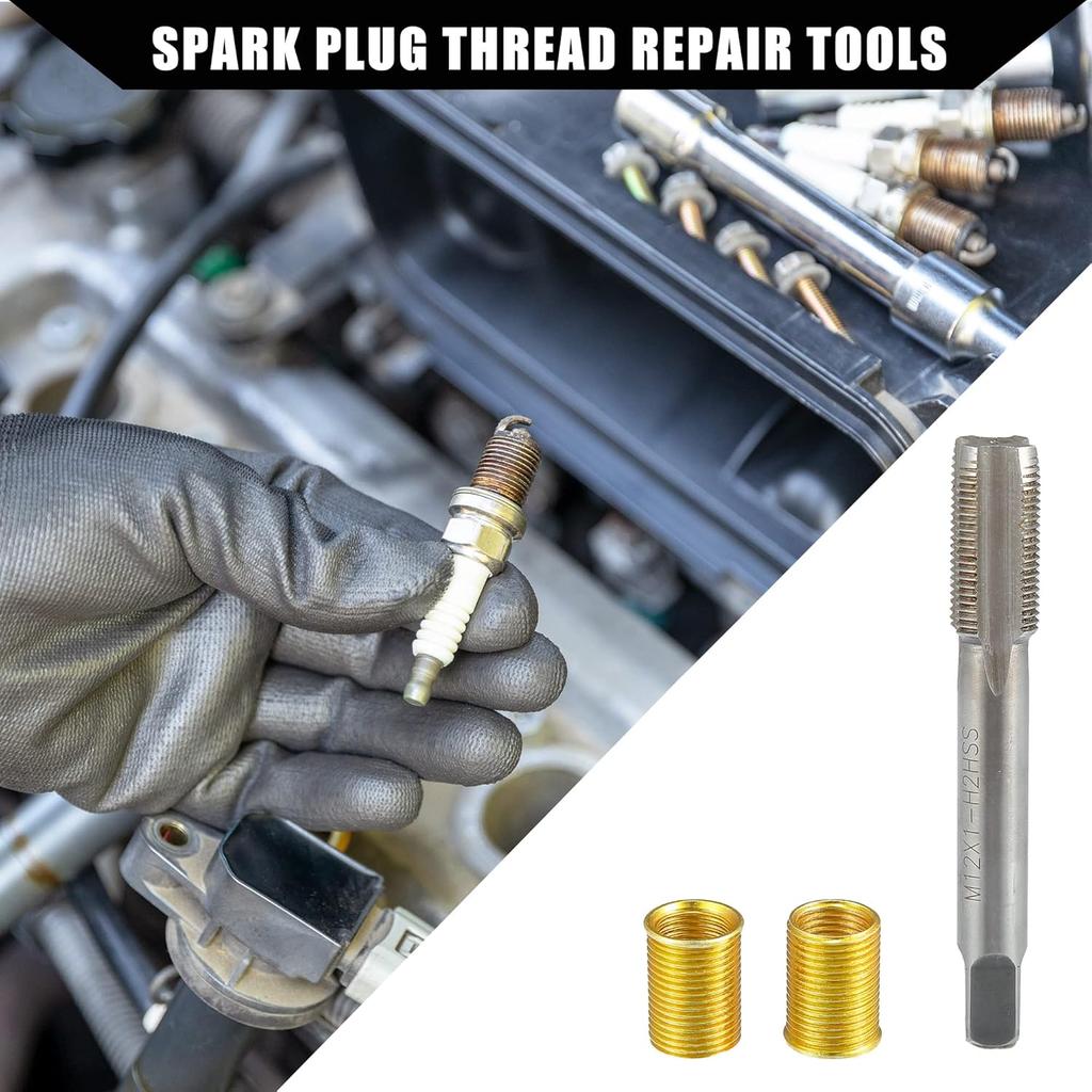 Outer/Universal Spark Plug Thread Repair Tools with M10x1.0 Inner Thread Inserts and M12x1.0 Tap/Durable/Metal / 1 Set Gold Tone