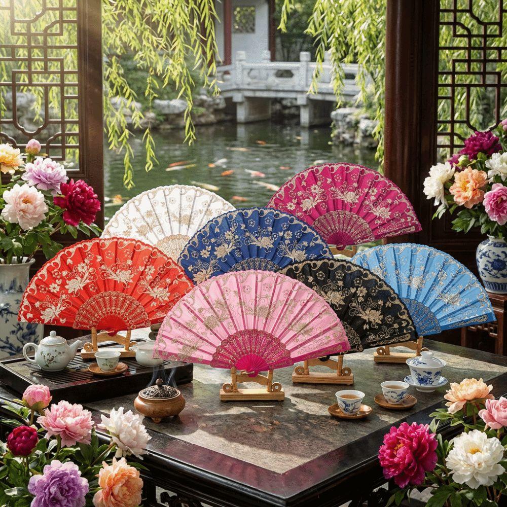 Floral Pattern Folding Fan Vintage Style Dance Fan Portable Silk Hand Fan Cosplay Event