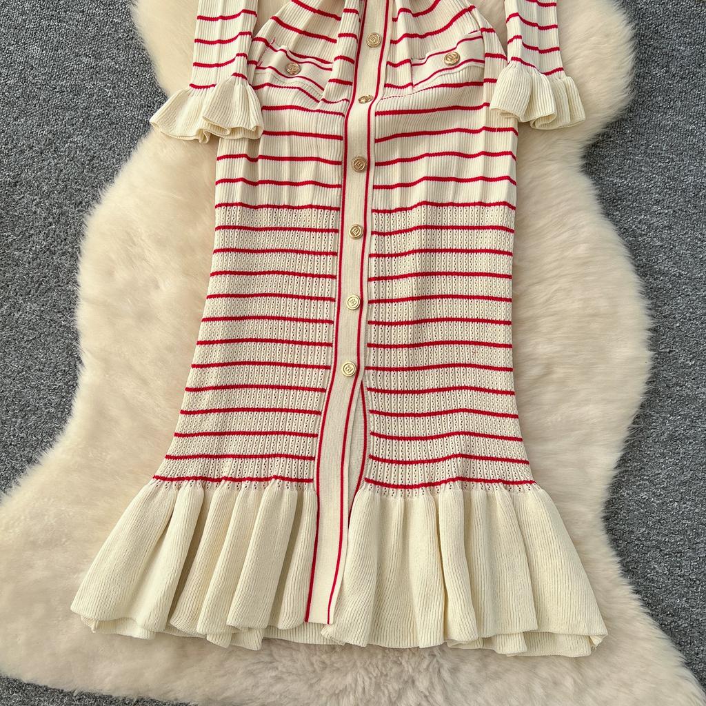 Autumn Winter Women Casual V-neck Three Quarter Sleeve Striped Knitted Sweater Long Midi Fishtail Dresses