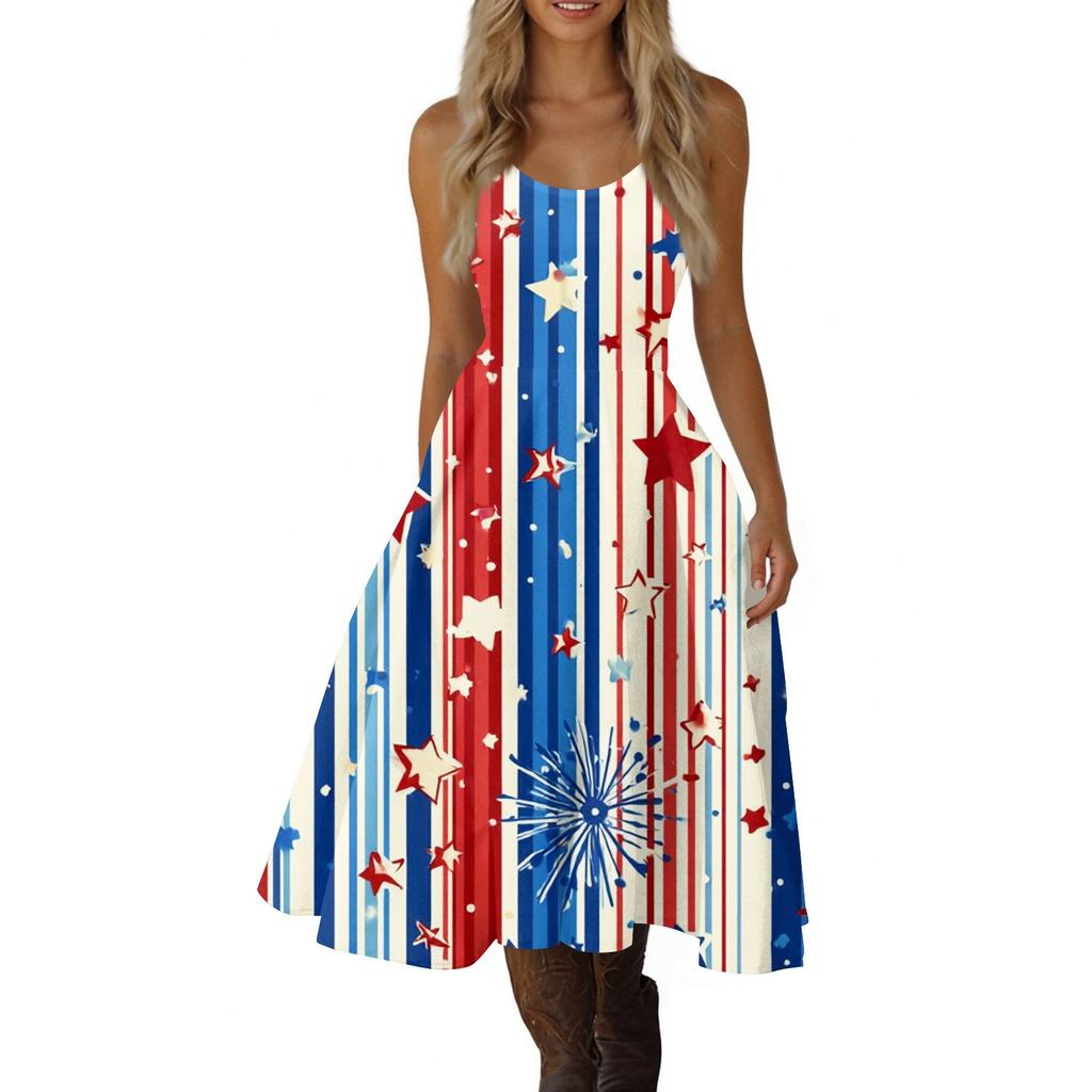 Women's Casual Fashion Independence Day Print V-Neck Retro Sleeveless Dress