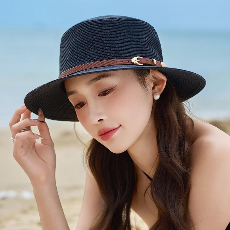 

Летняя новая шляпа женская солнцезащитная шляпа из рафии, темпераментная шляпа-федора с плоским верхом, летняя пляжная шляпа с большими полями от солнца average size