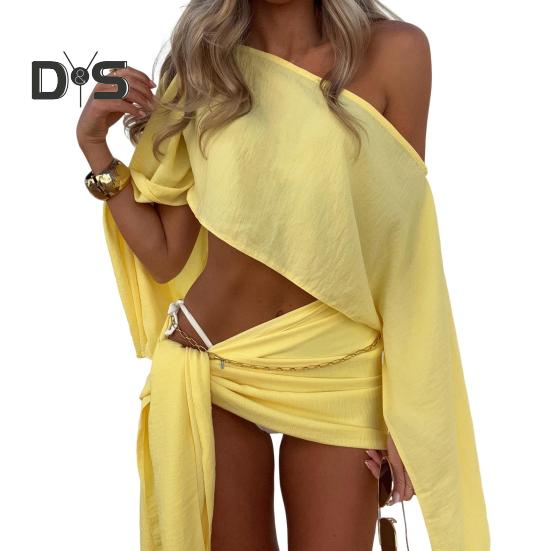 

2 шт./комплект летний повседневный костюм с покатыми плечами и длинными рукавами, топы с высокой талией, мини-юбка на шнуровке, комплект с защитой от ультрафиолета, быстросохнущий наряд M жёлтый