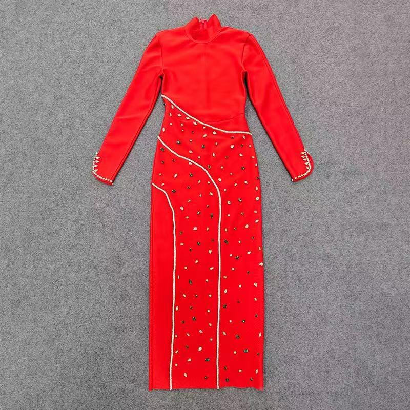 2025 Luxury Rhinestone Bandage Skirt: High-End Socialite Christmas Party Dress Large красный