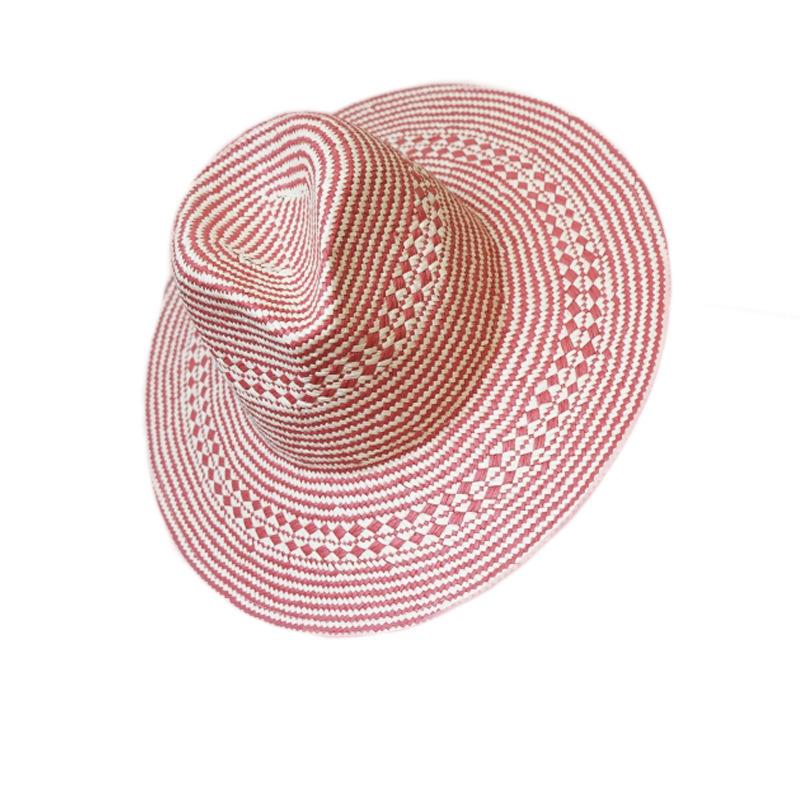 Retro Red Beige Big-Brimmed Vacation Straw Hat Summer Female Sunshade Sun Protection Beach Handmade Straw Flat Top Hat