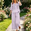 Damen Sommer 2-teiliges lässiges Leinen-Baumwoll-Outfit – Farblich besticktes Oberteil mit Dreiviertelärm und Cropped Hose, Leicht und atmungsaktiv
