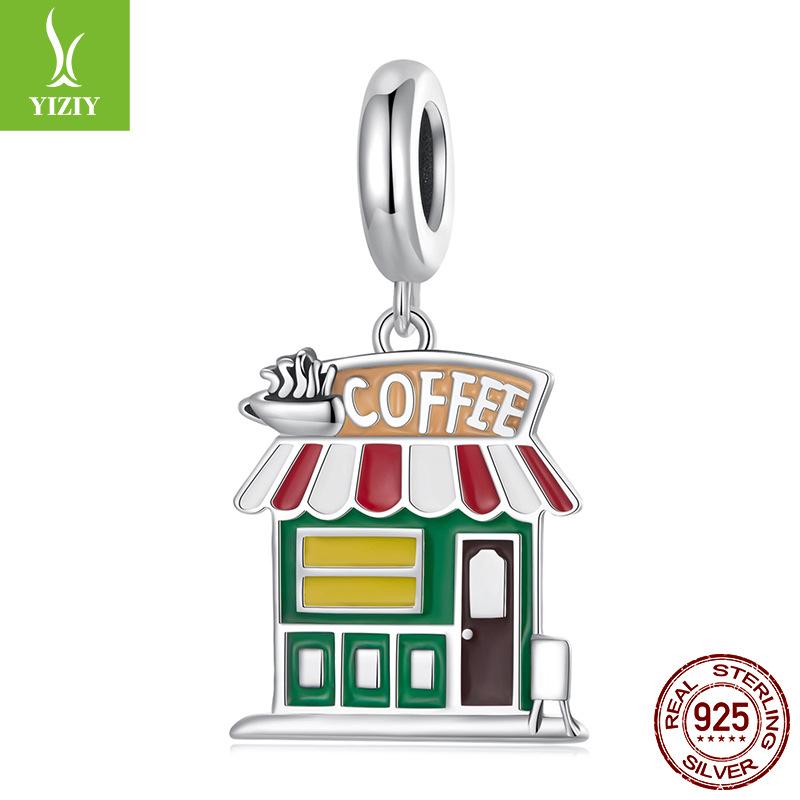 Coffee House Tag S925 Sterling Silver Beads Diy Bracelet Necklace Accessories