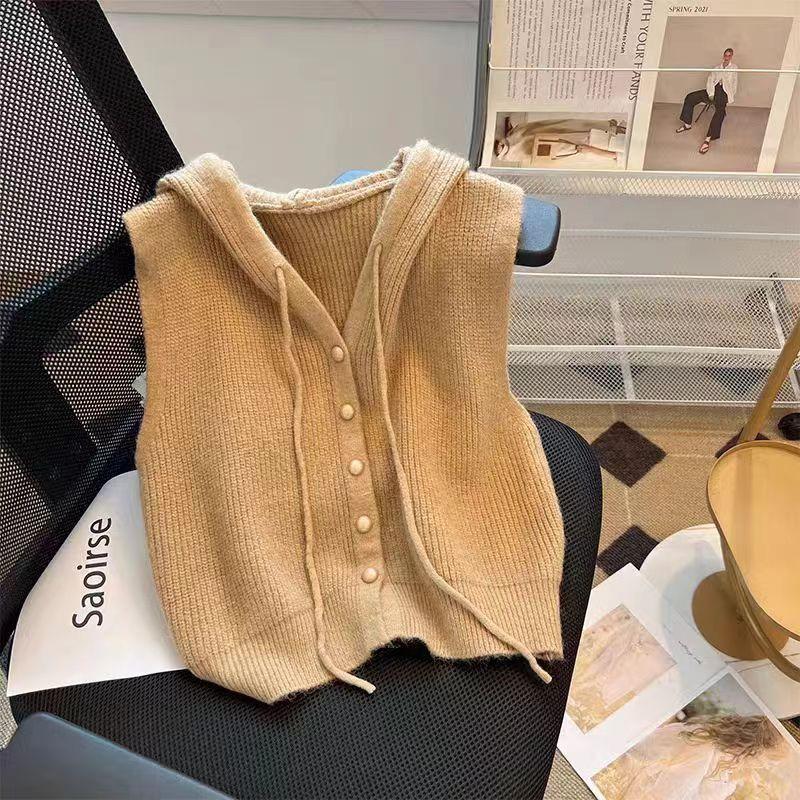 

Корейский однотонный жилет с капюшоном на кулиске женский модный весенне-осенний повседневный универсальный короткий жилет минималистичный One size верблюд