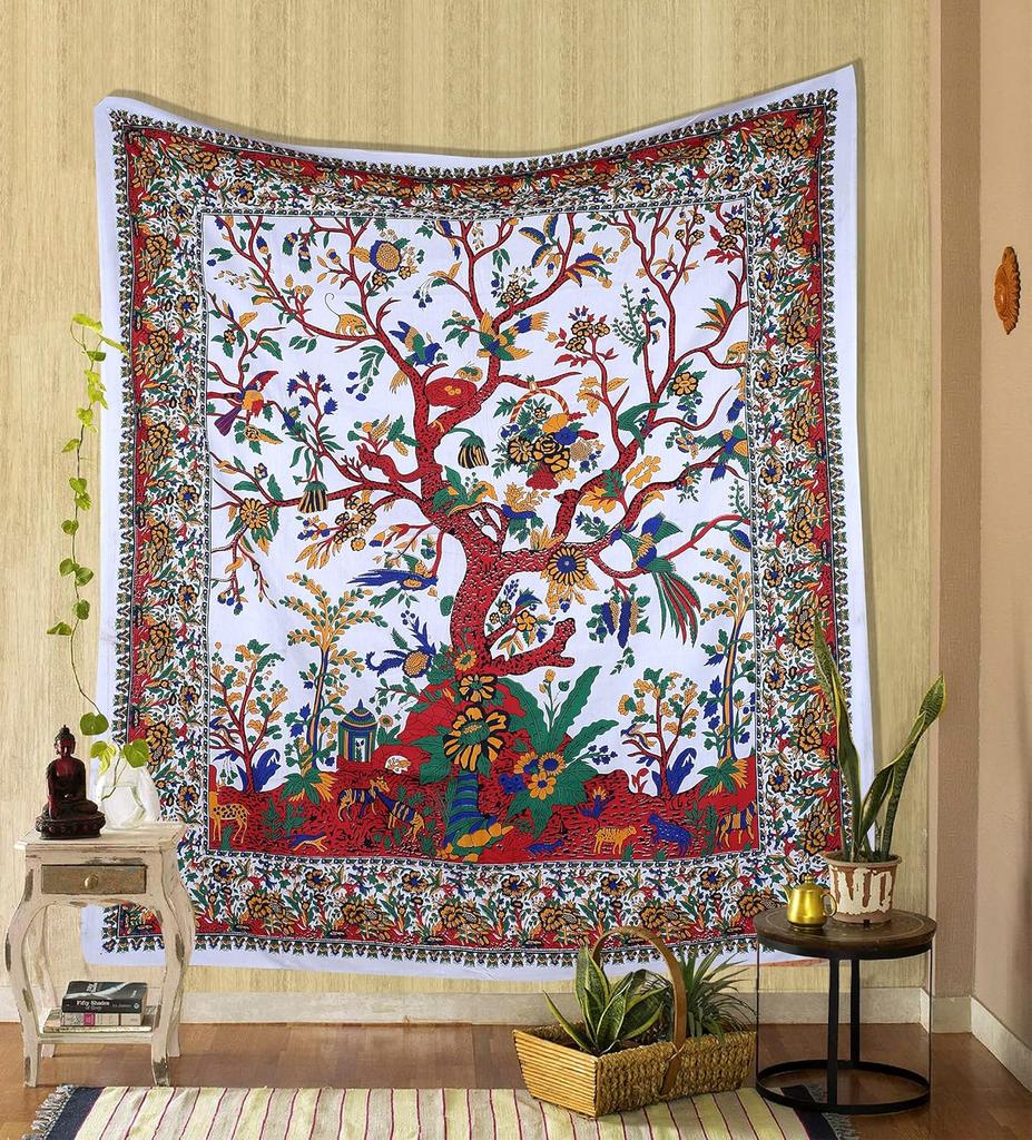 Indian Tree of Life Tapestry Boho Wall Art Multicolor Floral Design Ethnic Decor for Home Living Room Bedroom Yoga Space