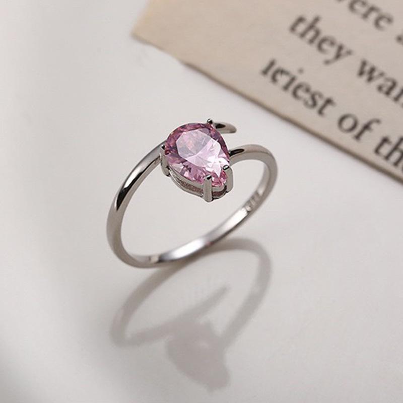 Süßes und Cooles Mädchen Pfirsichblüte Nischen-Designgefühl Einfacher Wassertropfen Rosa Diamant Zirkon Leichter Luxus Öffnungsring