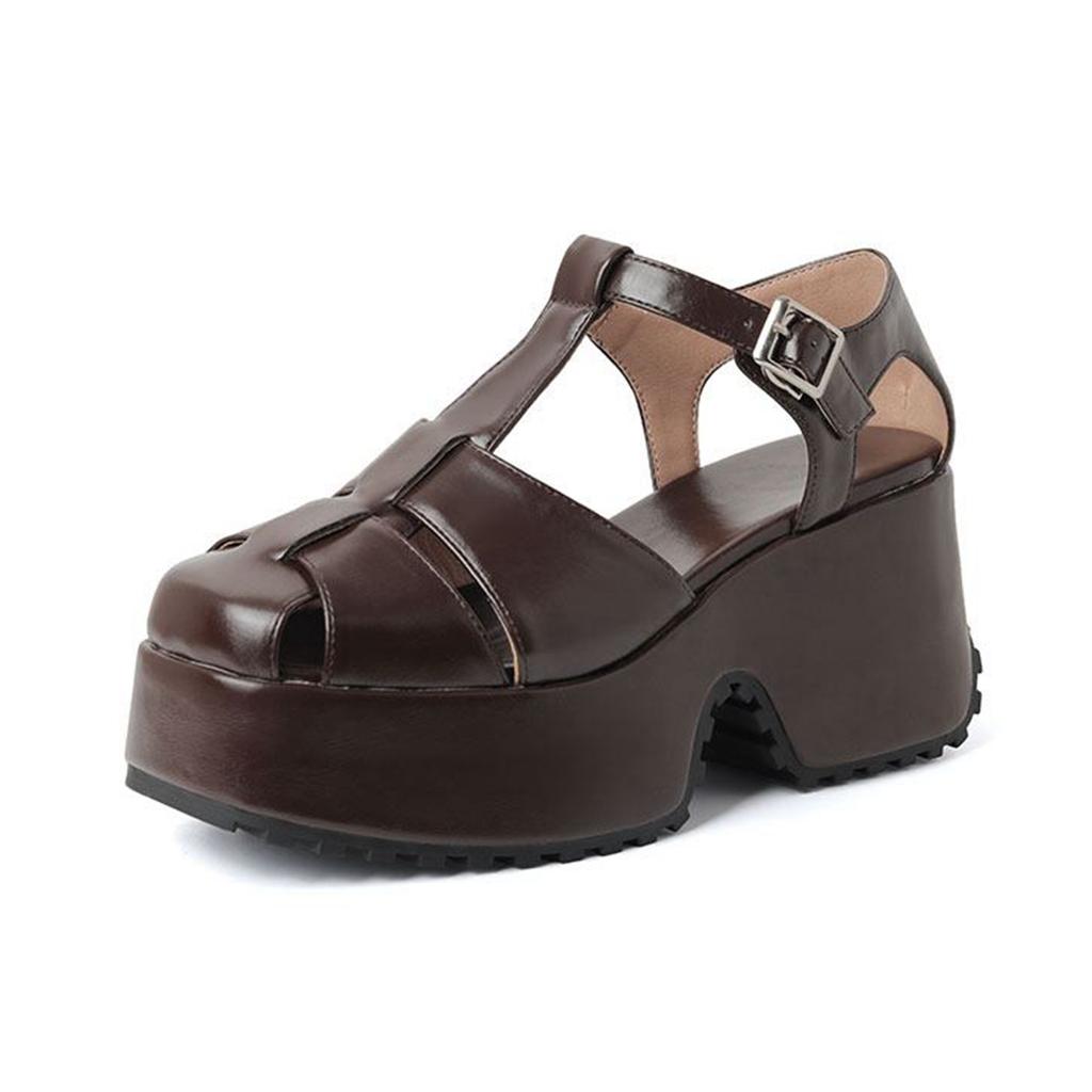Krazing Pot Polyurethane Spring Summer Size 43 Size 42 Prints Women Platform Women Round Toe Buckle Straps Waterproof Sandals