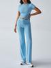 Women's Slim Fit Two Piece Outfit Set Short Sleeve Crew Neck Crop Top Drawstring Waist Straight Leg Solid Tracksuit Loungewear