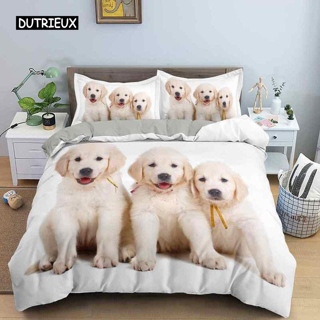 Lovely Animal 3D Bedding Sets White Duvet Quilt Cover Set Comforter Bed Linen Pillowcase King Queen 200*220cm Size Dogs Pets Dog